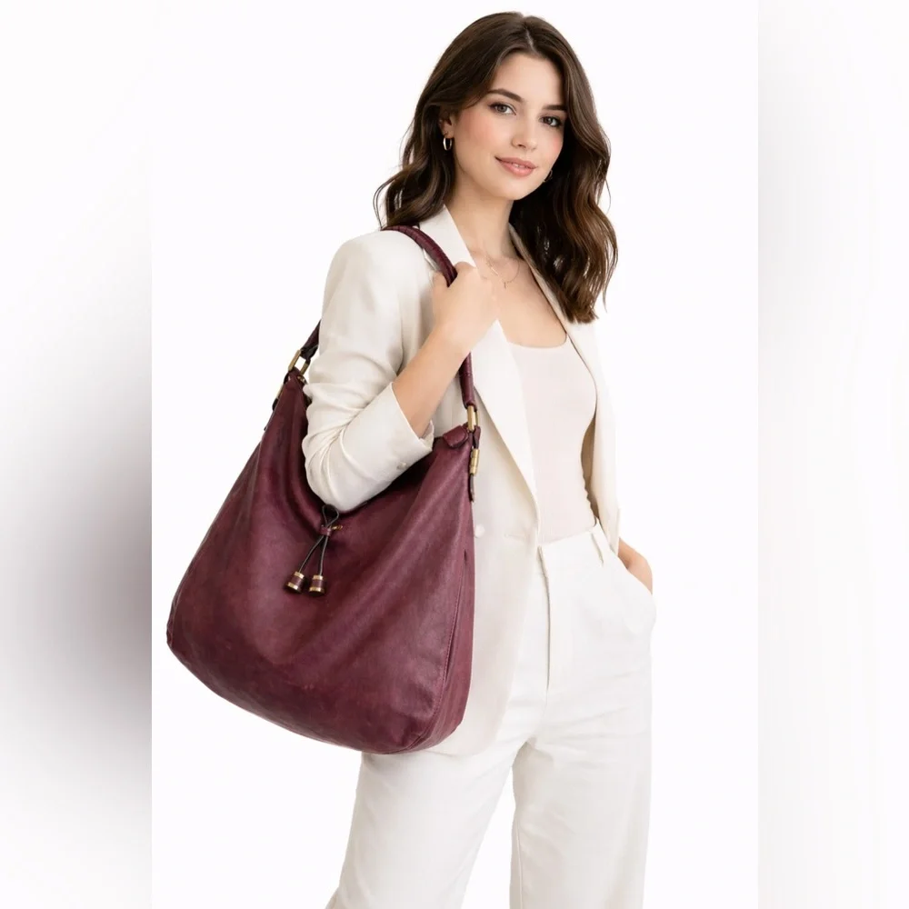 Joelle Hawkens Burgundy Leather Slouchy Hobo Shoulder Bag Soft Leather Boho Chic